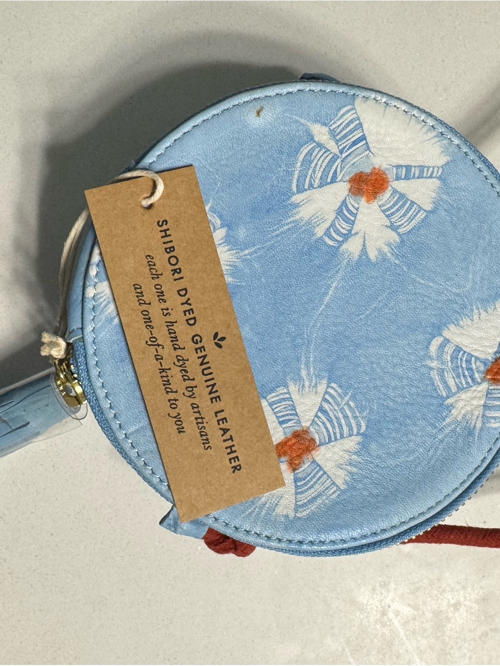 Light Blue Shibori-Dyed Round Crossbody Bag - Genuine Leather